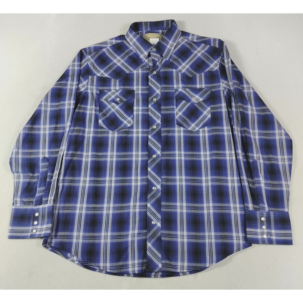 Wrangler Shirt Mens Large Blue Plaid Long Sleeve Western Pearl Snap Cowboy
